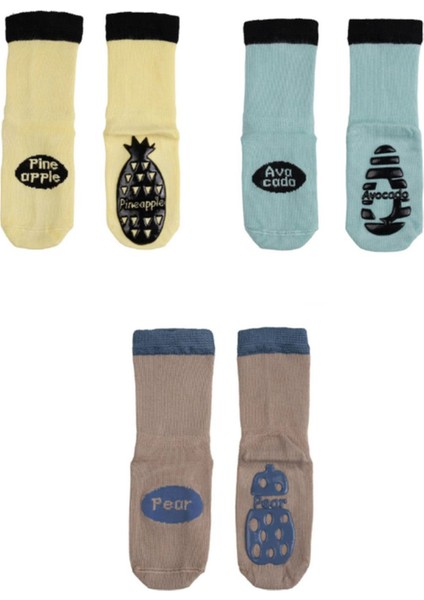 Kaydırmaz Tabanlı Ananas, Avakado ve Armut Desenli Bambu Bebek Çorap (X3 Adet)