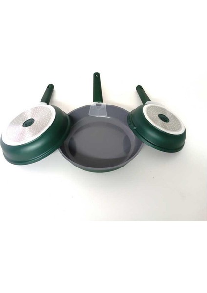 15016 - 3 Parça, Indüksiyonlu Ocak Uyumlu, Döküm, Seramik, ( 20 - 24 - 28 cm ) Tava Seti Yeşil modelleri