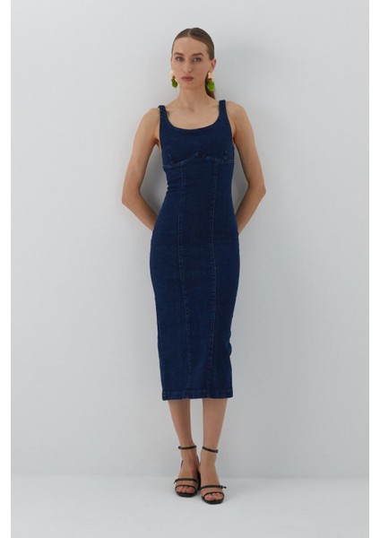 Yırtmaçlı Kot Elbise Mavi