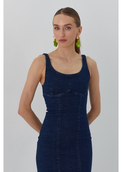 Yırtmaçlı Kot Elbise Mavi fiyatları