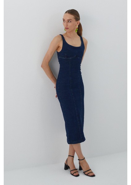 Yırtmaçlı Kot Elbise Mavi modelleri