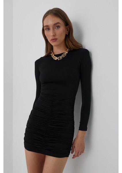 Vatkalı Drapeli Elbise Siyah