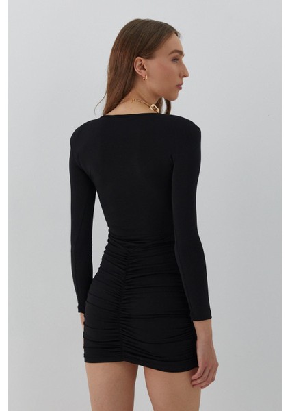 Vatkalı Drapeli Elbise Siyah fırsatları