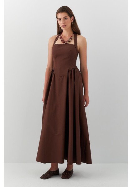 Boyundan Askılı A Kesim Uzun Elbise Kahverengi fiyatları