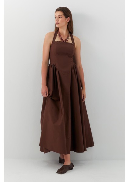 Boyundan Askılı A Kesim Uzun Elbise Kahverengi modelleri