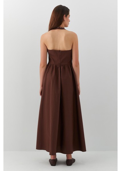 Boyundan Askılı A Kesim Uzun Elbise Kahverengi fırsatları