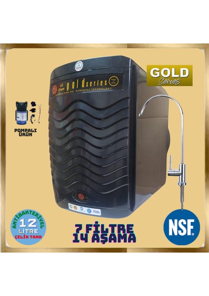 Ligth Gastro Gold Pompalı 12 Litre 7 Filtre 14 Aşama 90 Gpd Nano Lg Membranlı Gümüş Iyon Tatlandırıcılı Mineral ve Alkali Filtreli Su Arıtma Cihazı