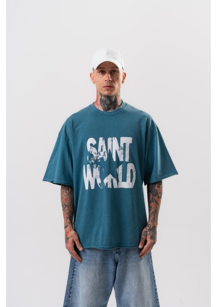 Erkek Star Baskılı Yıkamalı Oversize T-Shirt Petrol
