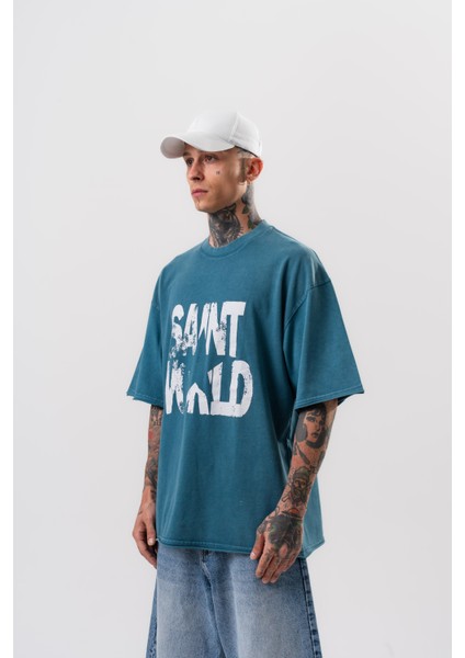 Erkek Star Baskılı Yıkamalı Oversize T-Shirt Petrol fiyatları