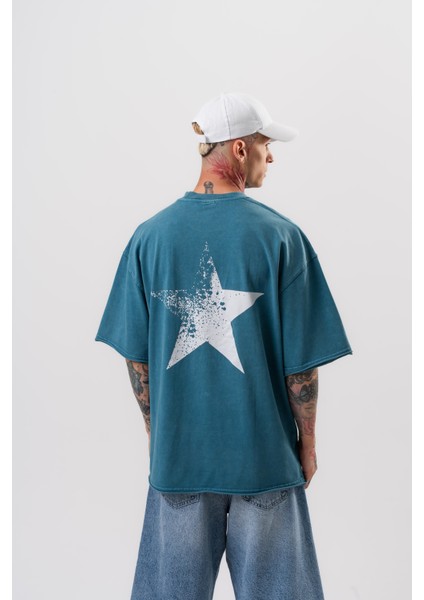 Erkek Star Baskılı Yıkamalı Oversize T-Shirt Petrol modelleri