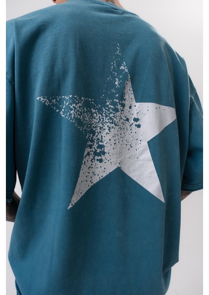 Erkek Star Baskılı Yıkamalı Oversize T-Shirt Petrol fırsatları