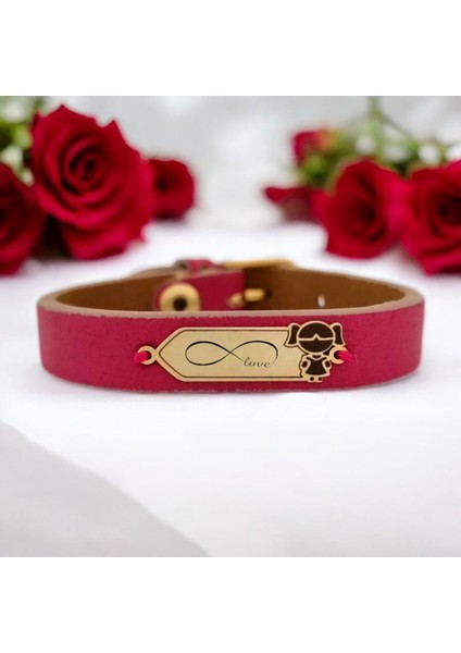 Sonsuz Aşk Temalı Pembe Derili Kız Çocuk Motifli 14 Ayar Altın Plakalı Hediye Bileklik-454SEMBOL fiyatları