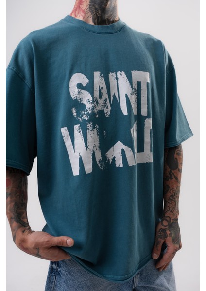 Erkek Star Baskılı Yıkamalı Oversize T-Shirt Petrol indirimleri