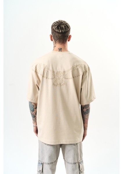 Erkek High Nakışlı Oversize T-Shirt Bej