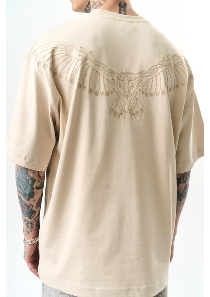 Erkek High Nakışlı Oversize T-Shirt Bej fırsatları