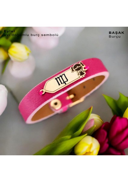 Eylül Ayı Doğumlarına Pembe Derili Kız Çocuk Motifli 14 Ayar Altın Plakalı Hediye Bileklik-454AY