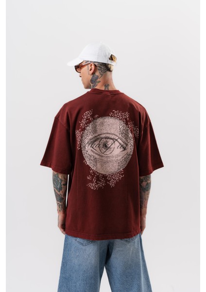 Erkek Eyes Baskılı Yıkamalı Oversize T-Shirt Bordo