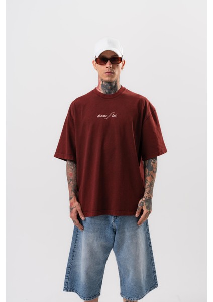 Erkek Eyes Baskılı Yıkamalı Oversize T-Shirt Bordo fiyatları
