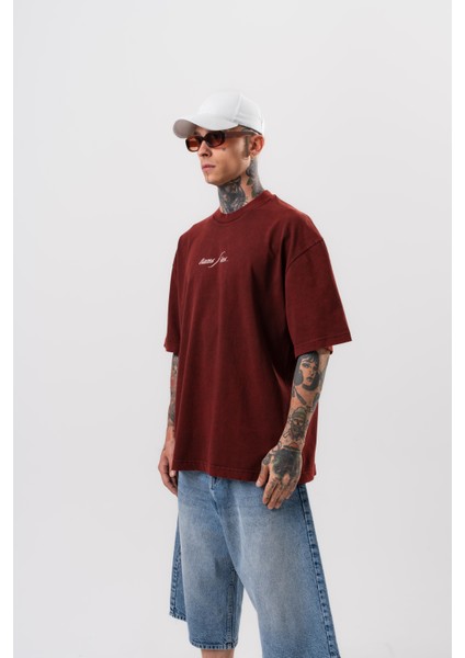 Erkek Eyes Baskılı Yıkamalı Oversize T-Shirt Bordo modelleri