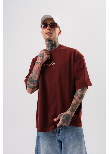 Erkek Eyes Baskılı Yıkamalı Oversize T-Shirt Bordo fırsatları