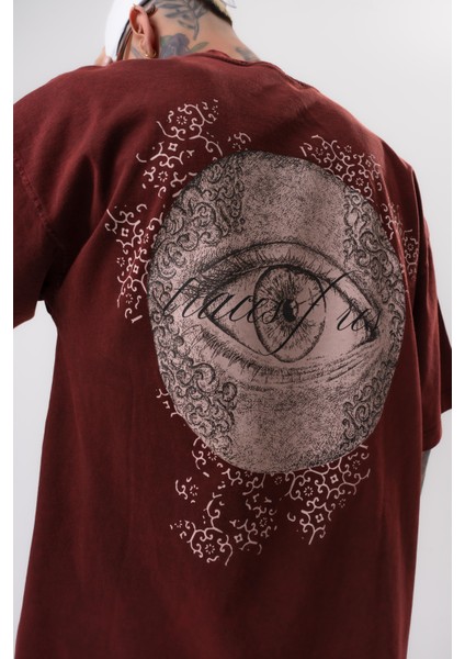 Erkek Eyes Baskılı Yıkamalı Oversize T-Shirt Bordo indirimleri