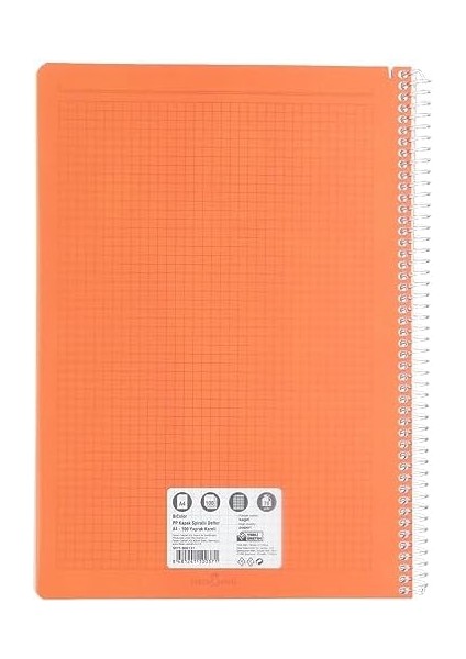 Spiralli Defter, A4, 100 Yaprak, 70G Kağıt, Kareli, 500 Mikron Pp Kapak, Pet Spiralli, Dayanıklı ve Çevre Dostu, Asorti Renkler