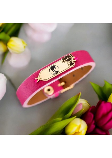 Atatürk Temalı Kız Çocuk Motifli 14 Ayar Altın Plakalı Pembe Derili Hediye Bileklik-454SEMBOL