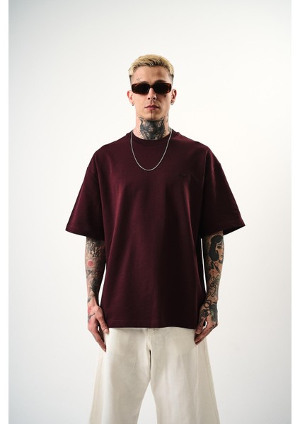 Erkek Respire Yazı Detaylı Oversize T-Shirt Bordo