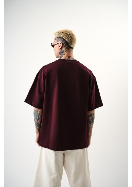 Erkek Respire Yazı Detaylı Oversize T-Shirt Bordo modelleri