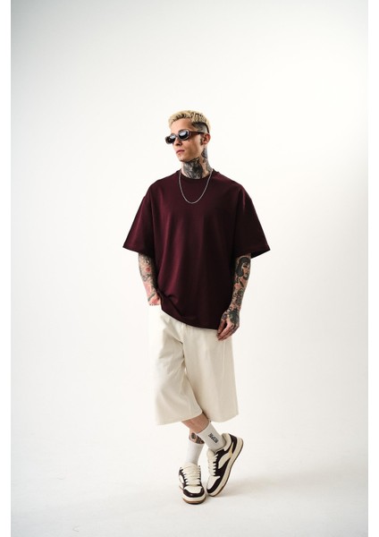 Erkek Respire Yazı Detaylı Oversize T-Shirt Bordo indirimleri