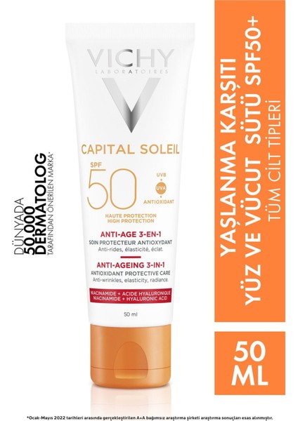 Asfstore Vichy Capital Ideal Soleil Anti Age 3 In 1 Antioxidant Care Cream SPF50 50 ml