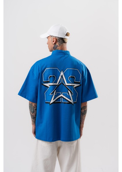 Erkek 22 Baskılı Yarım Fermuarlı Oversize T-Shirt Mavi