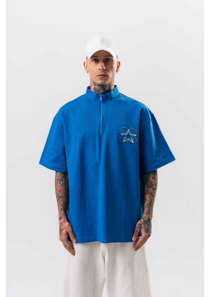 Erkek 22 Baskılı Yarım Fermuarlı Oversize T-Shirt Mavi fiyatları