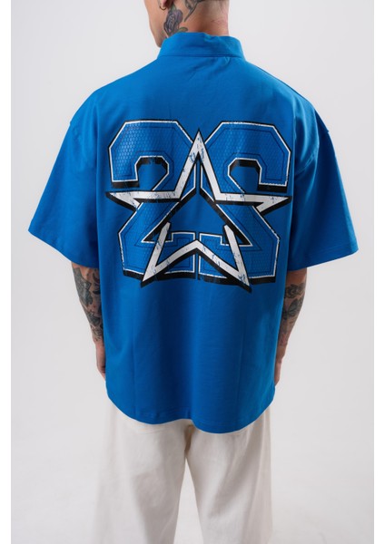 Erkek 22 Baskılı Yarım Fermuarlı Oversize T-Shirt Mavi fırsatları