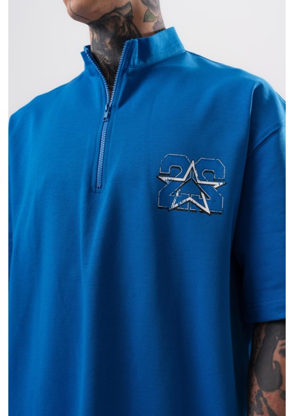 Erkek 22 Baskılı Yarım Fermuarlı Oversize T-Shirt Mavi indirimleri