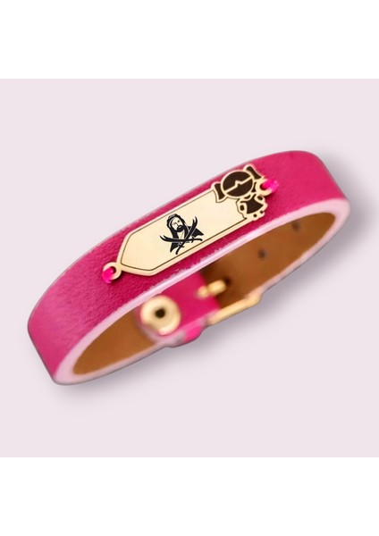 Hz Ali Temalı Kız Çocuk Motifli 14 Ayar Altın Plakalı Pembe Derili Hediye Bileklik-454SEMBOL