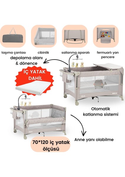 Beskar Anne Yanı Sallanır Cibinlikli Dönenceli Alt Açmalı Oyun Parkı Park Yatak Bebek Beşik 70X120 cm+ Yataklı
