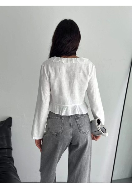 Keten Uzun Kol Bağacık Detaylı Bluz - Beyaz fiyatları
