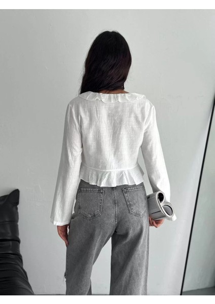 Keten Uzun Kol Bağacık Detaylı Bluz - Beyaz indirimleri