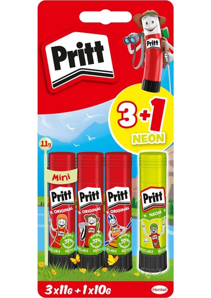 Stick Yapıştırıcı, 3+1 Neon, Güvenli ve Çocuk Dostu El Işi Yapıştırıcısı, Hızlı ve Pratik Yapıştıran Okul ve Ofis Malzemesi, 3X11G+1X10G Pritt Stick Yapıştırıcı