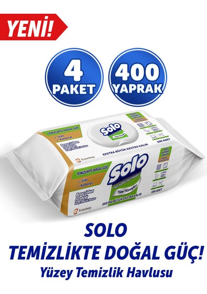 Asfstore Solo Temizlikte Doğal Güç Beyaz Sabun Ferahlığı Yüzey Temizlik Havlusu 100 Yaprak 4 Adet