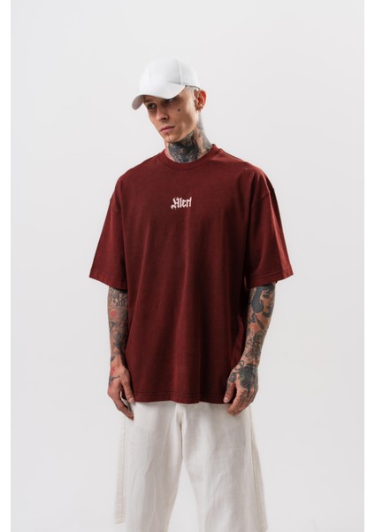 Erkek Alert Baskılı Yıkamalı Oversize T-Shirt Bordo fiyatları