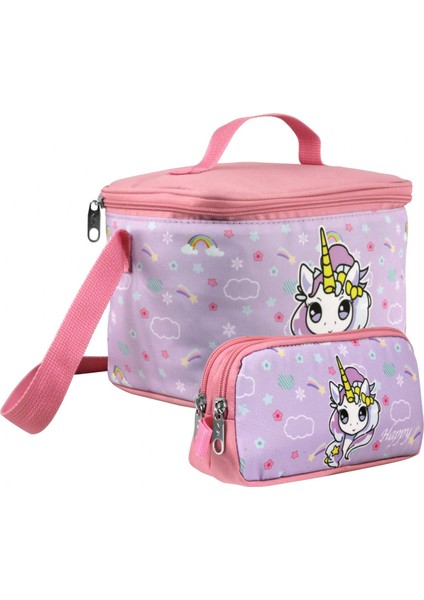 Kız Çocuk Gökkuşağı Unicorn Desenli Turkuaz Pembe Beslenme Çantası ve Kalemlik Seti