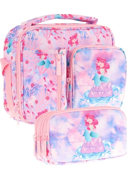 Kids Kız Çocuk Pembe Mavi Denizkızı Desenli Üç Bölmeli Thermo Beslenme Çantası ve Kalemlik Seti (L7217+L8217)