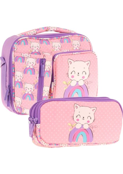 Kids Kız Çocuk Somon Mor Kedi Desenli Üç Bölmeli Thermo Beslenme Çantası ve Kalemlik Seti (L7241+L8241)