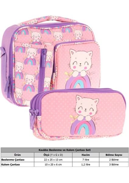 Kids Kız Çocuk Somon Mor Kedi Desenli Üç Bölmeli Thermo Beslenme Çantası ve Kalemlik Seti (L7241+L8241) fiyatları