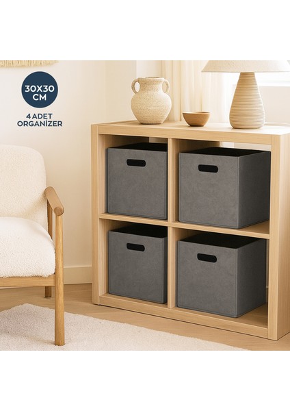 Gri Çok Amaçlı Keçe Organizer Dolap Içi Düzenleyici 4'lü Sepet Seti 30 x 30 cm HMY-6356