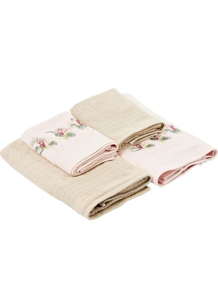 Floret Çiçek Desenli%60 Pamuk%40 Viskoz Hamam Seti, Somon, 2 Adet 70X150 cm Havlu, 2 Adet 50X90 cm Havlu
