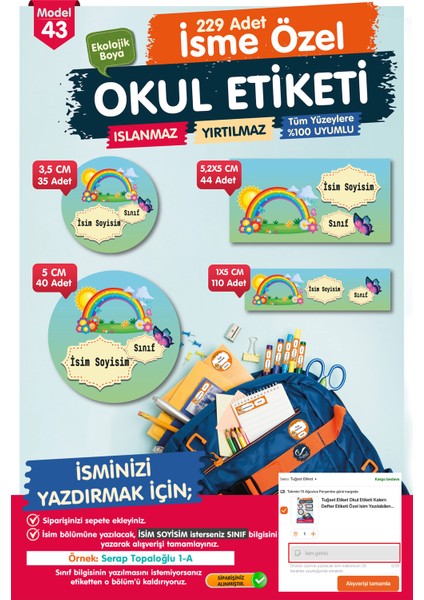 Okul Etiketi Kalem Defter Etiketi Özel Isim Yazılabilen Etiket- Isim Etiketi