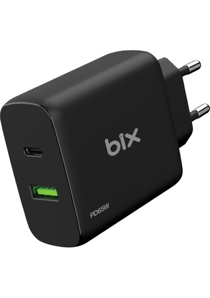 BX2P65G Gan Pd 65W Type-C ve Usb-A Qc 18W Çift Portlu Akım Korumalı Hızlı Şarj Cihazı Siyah